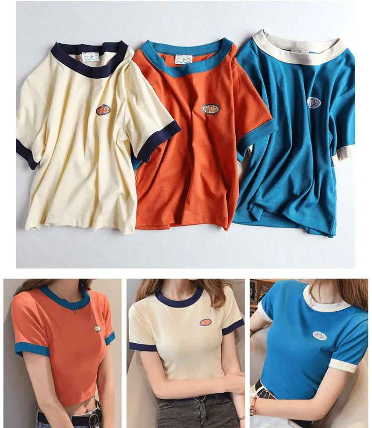 Vintage Logo Retro Style Women's Tee Contrasting Collars and Cuffs, Great For Your Summer Wardrobe Girls Tee Summer Fashion