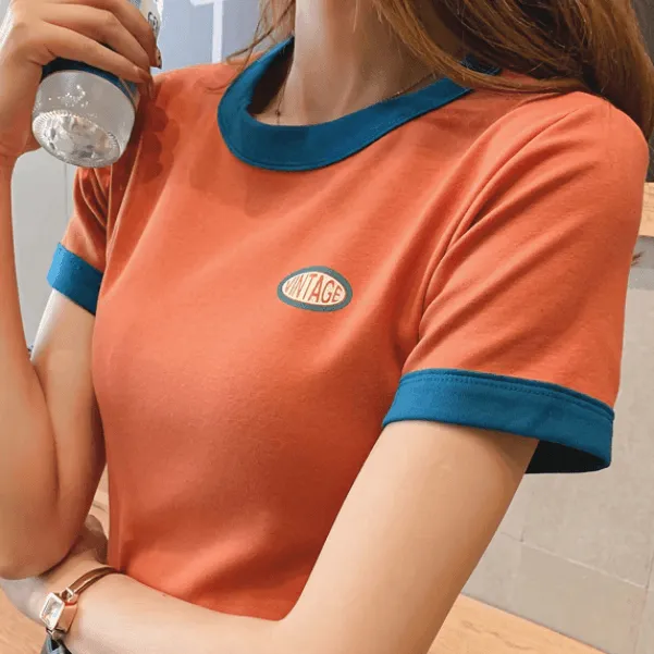 Vintage Logo Retro Style Women's Tee Contrasting Collars and Cuffs, Great For Your Summer Wardrobe Girls Tee Summer Fashion