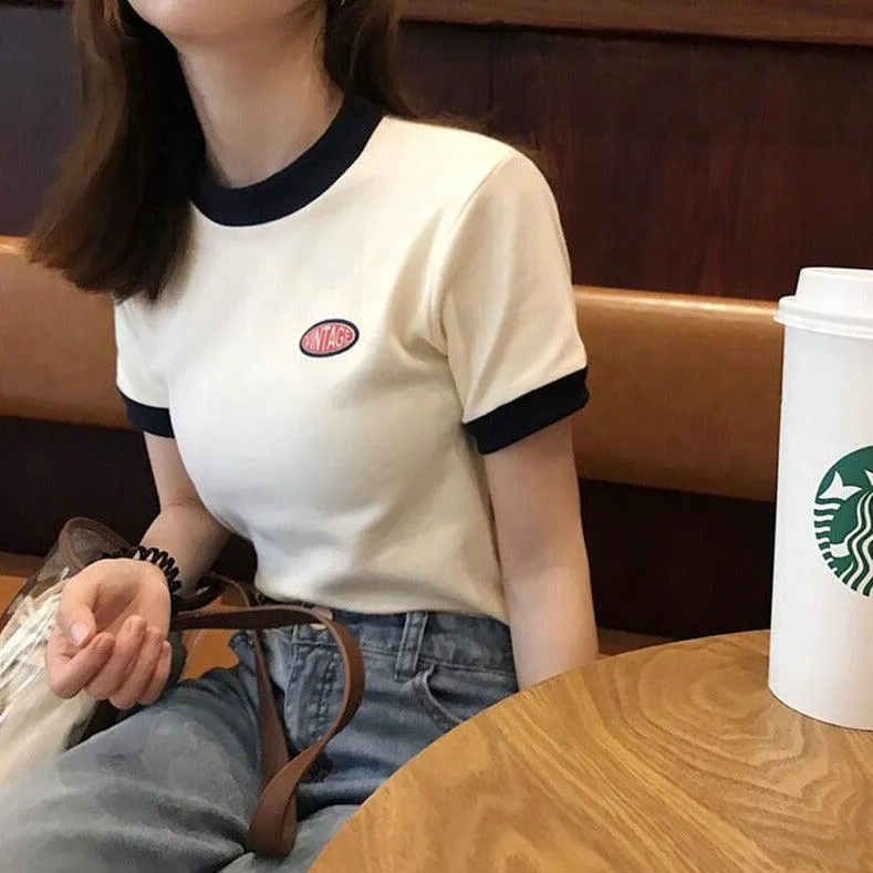 Vintage Logo Retro Style Women's Tee Contrasting Collars and Cuffs, Great For Your Summer Wardrobe Girls Tee Summer Fashion