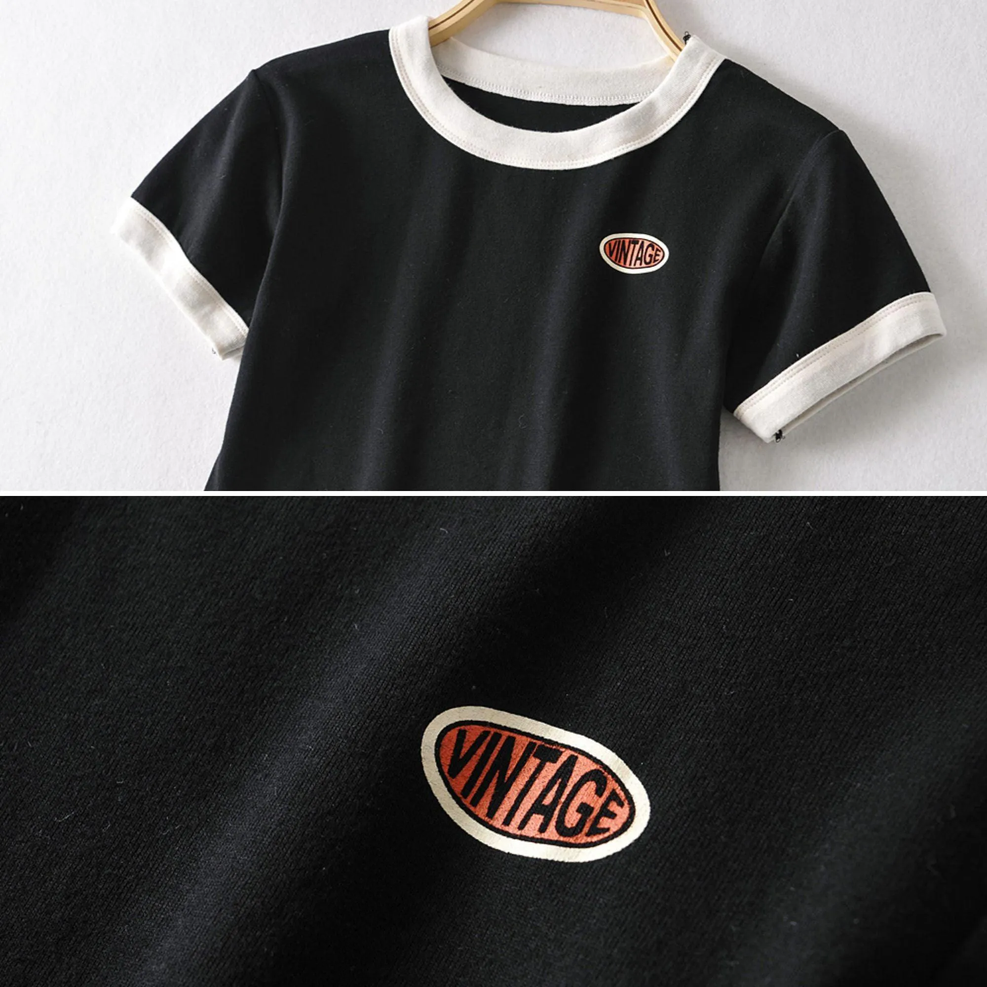 Vintage Logo Retro Style Women's Tee Contrasting Collars and Cuffs, Great For Your Summer Wardrobe Girls Tee Summer Fashion