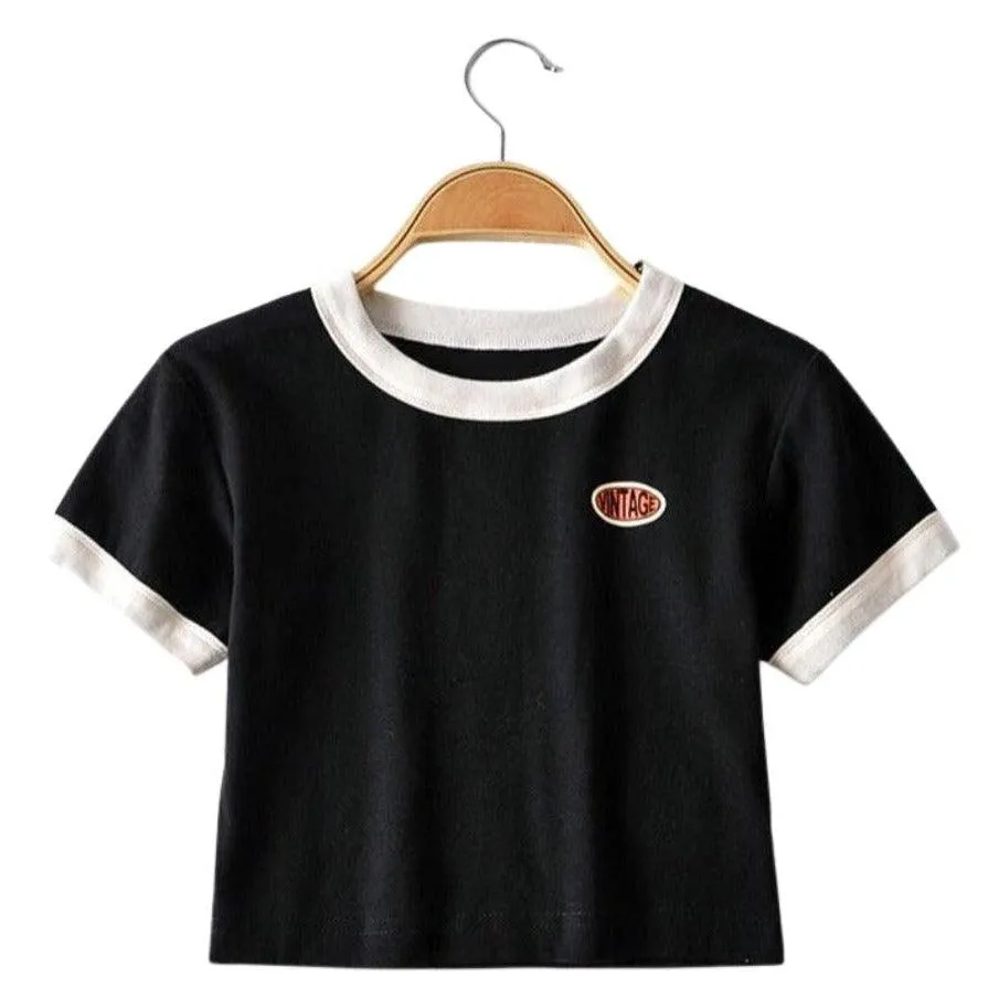 Vintage Logo Retro Style Women's Tee Contrasting Collars and Cuffs, Great For Your Summer Wardrobe Girls Tee Summer Fashion