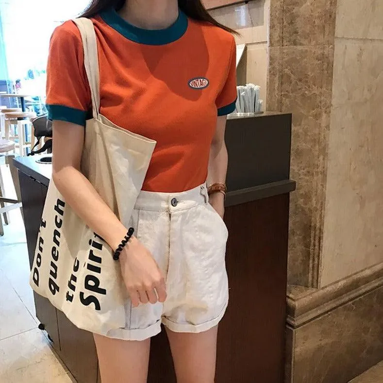 Vintage Logo Retro Style Women's Tee Contrasting Collars and Cuffs, Great For Your Summer Wardrobe Girls Tee Summer Fashion