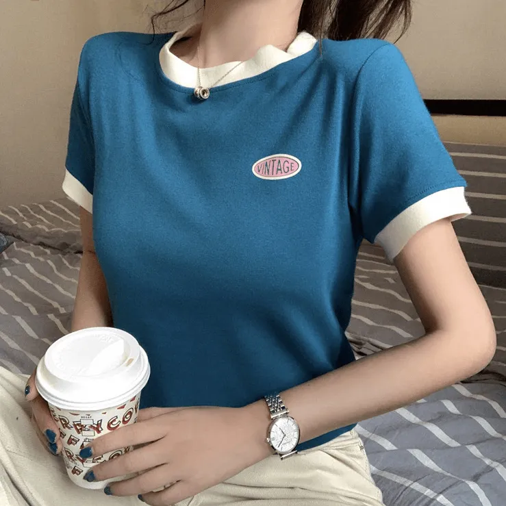 Vintage Logo Retro Style Women's Tee Contrasting Collars and Cuffs, Great For Your Summer Wardrobe Girls Tee Summer Fashion