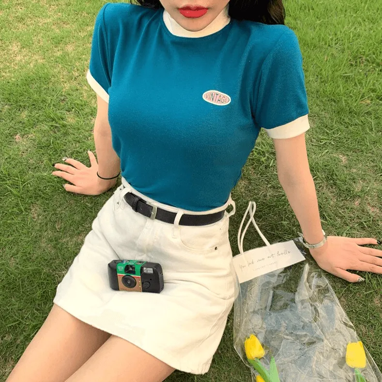 Vintage Logo Retro Style Women's Tee Contrasting Collars and Cuffs, Great For Your Summer Wardrobe Girls Tee Summer Fashion