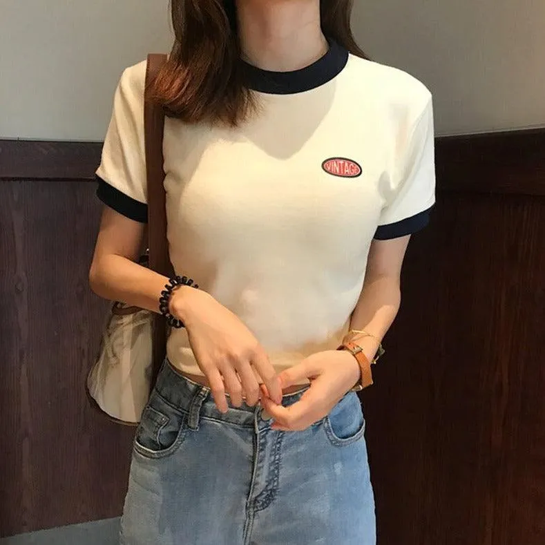 Vintage Logo Retro Style Women's Tee Contrasting Collars and Cuffs, Great For Your Summer Wardrobe Girls Tee Summer Fashion