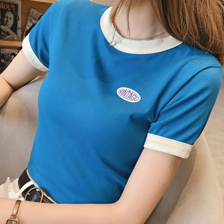 Vintage Logo Retro Style Women's Tee Contrasting Collars and Cuffs, Great For Your Summer Wardrobe Girls Tee Summer Fashion