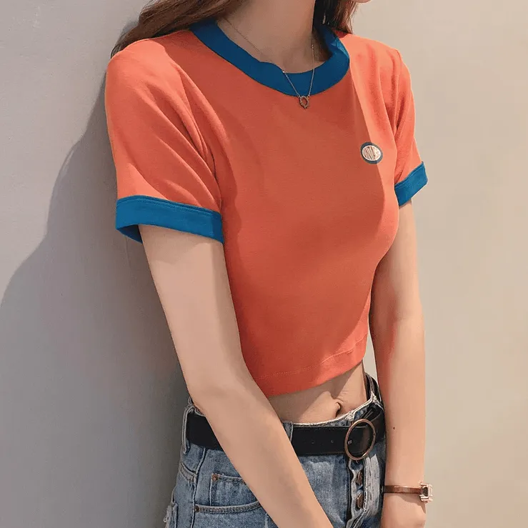 Vintage Logo Retro Style Women's Tee Contrasting Collars and Cuffs, Great For Your Summer Wardrobe Girls Tee Summer Fashion