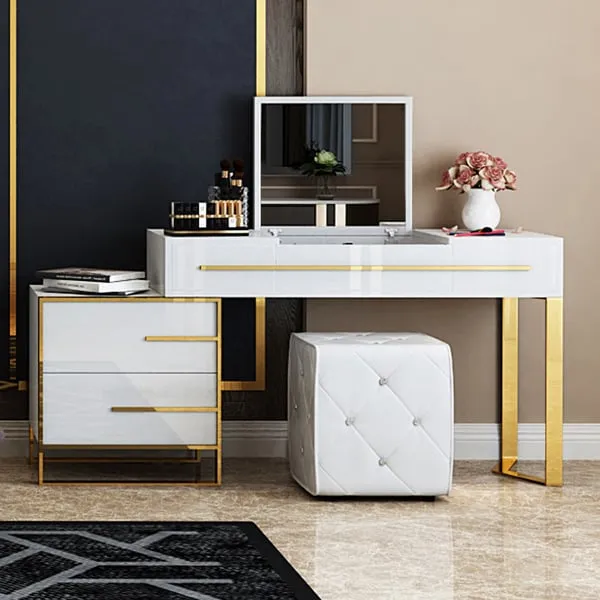 White Makeup Vanity with Storage & Flip Top Mirror 4 Drawers & Golden Base