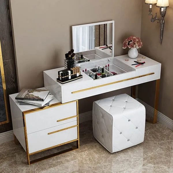 White Makeup Vanity with Storage & Flip Top Mirror 4 Drawers & Golden Base